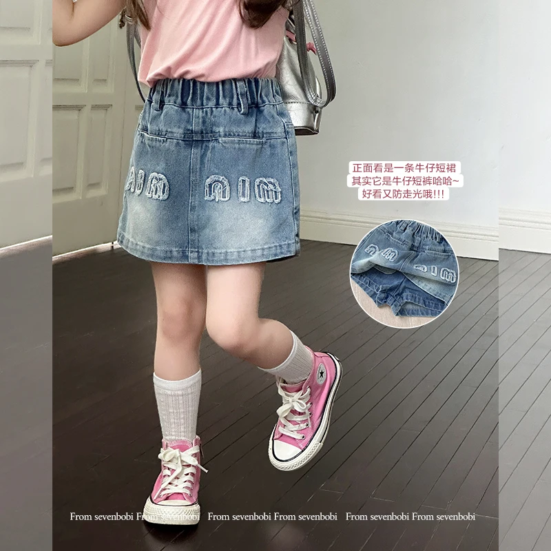 SKC2492女童韩版洋气字母牛仔短裤夏装新款休闲水洗A字裙裤潮
