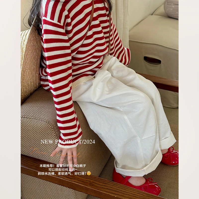 SKA2421中大童韩版时髦百搭直筒裤春装新款女童高腰休闲白裤子潮