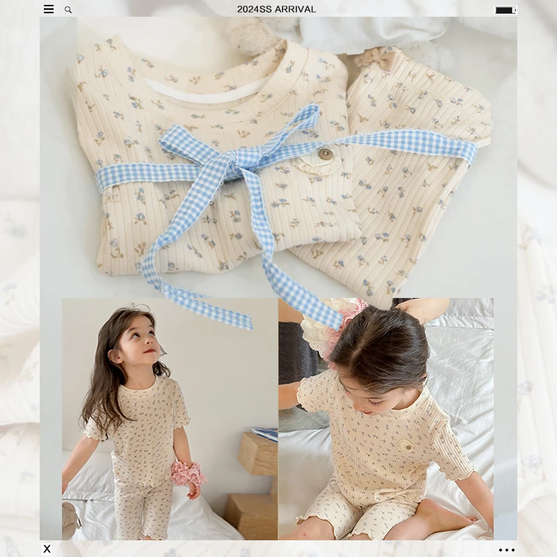 SKC2432女童韩版木耳边家居服套装夏装新款儿童碎花短袖睡衣睡裤