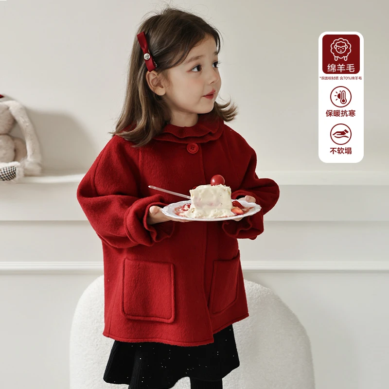 SKI2406女童韩版圆领羊毛呢大衣冬装新款圣诞高级感保暖外套潮