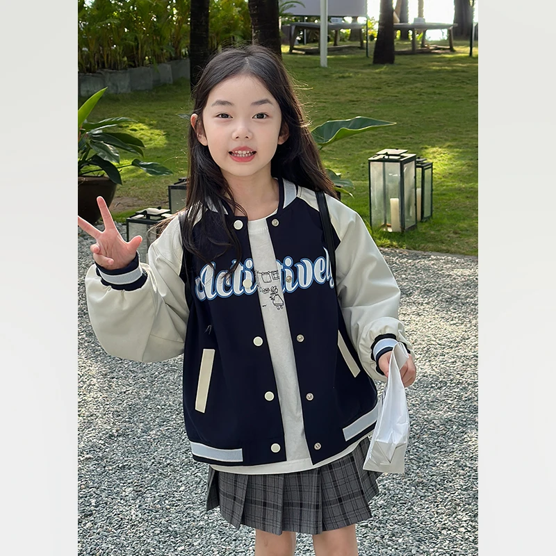 SKA2494女童洋气字母棒球服外套春装新款儿童撞色休闲夹克上衣潮