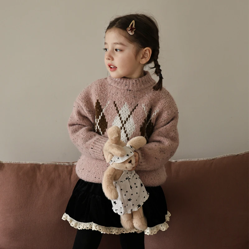 SKH2415儿童韩版简约休闲针织毛衣冬装新款女童宽松慵懒感上衣潮