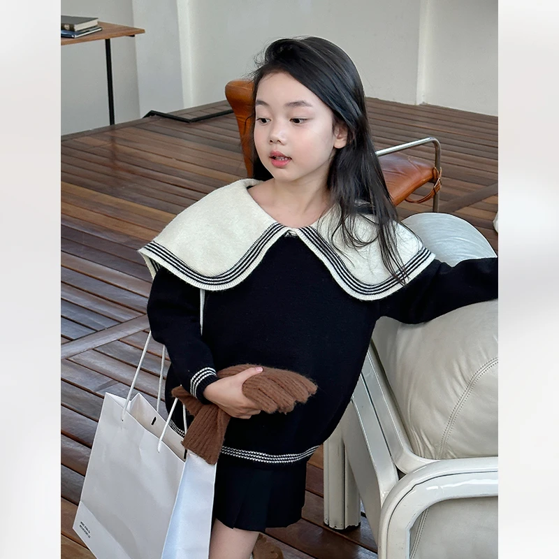 SKF2396中大童韩版洋气荷叶领毛衣冬装新款女童宽松甜美针织上衣