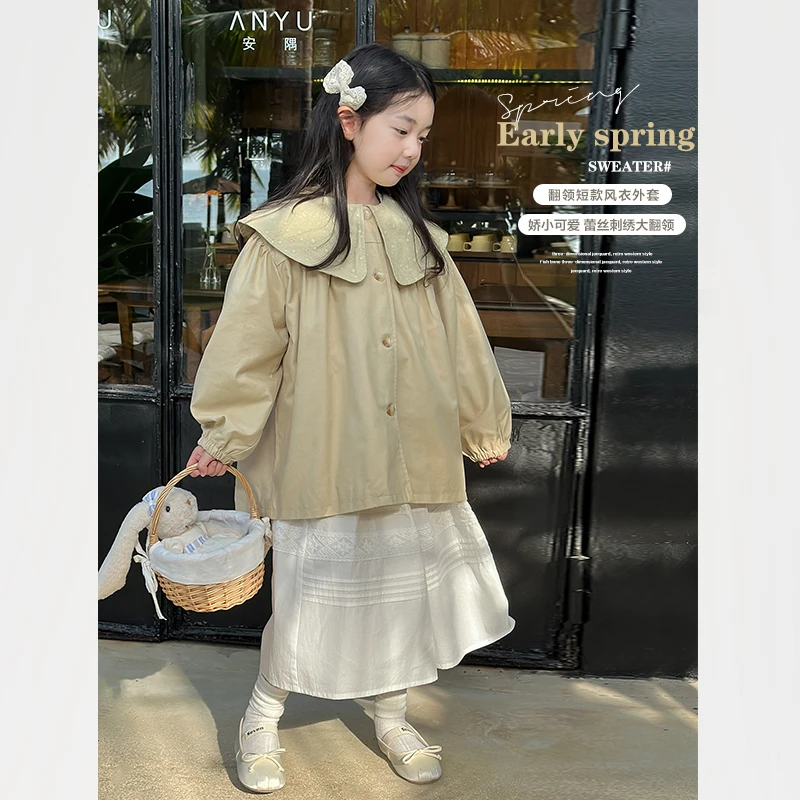 SKB2407女童韩版洋气荷叶翻领衬衫春装新款儿童泡泡袖休闲风衣潮