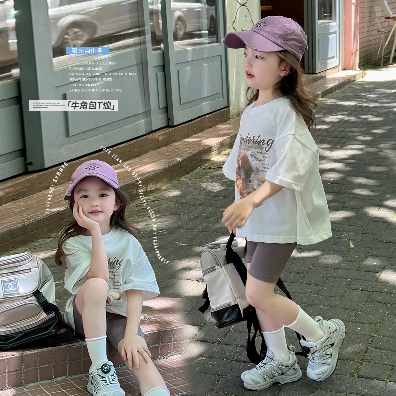 SKC2419儿童韩版洋气休闲短袖T恤夏装新款女童圆领卡通上衣潮