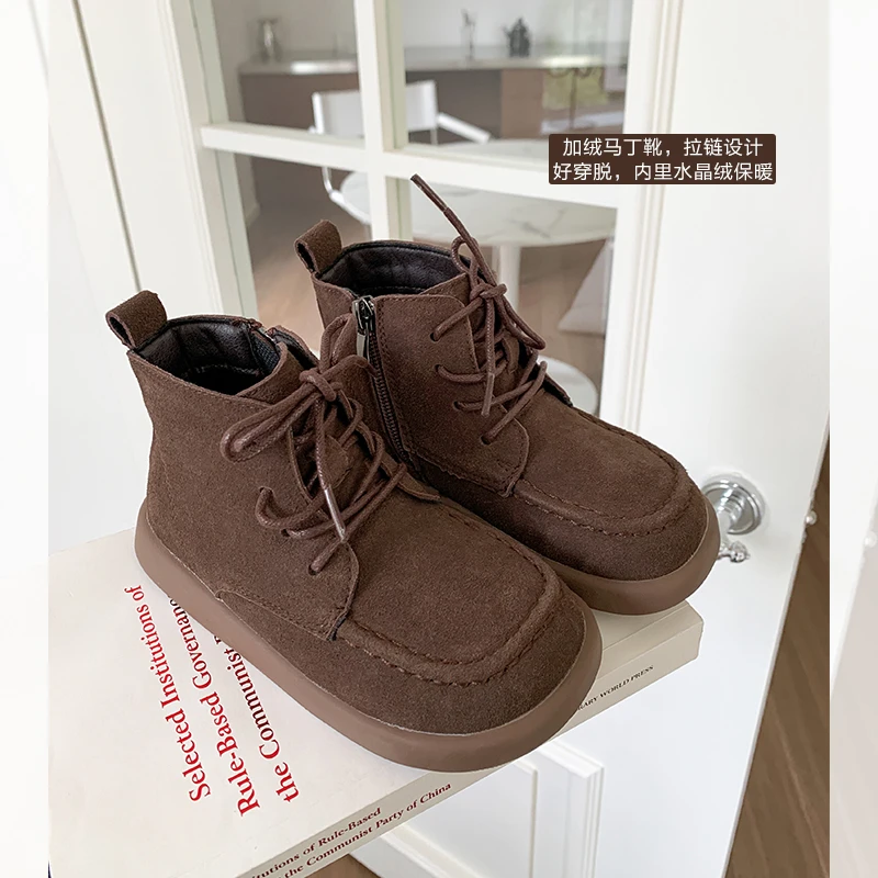 SKH2484女童英伦风磨砂小短靴新款拉链显瘦厚底马丁靴加绒雪地靴