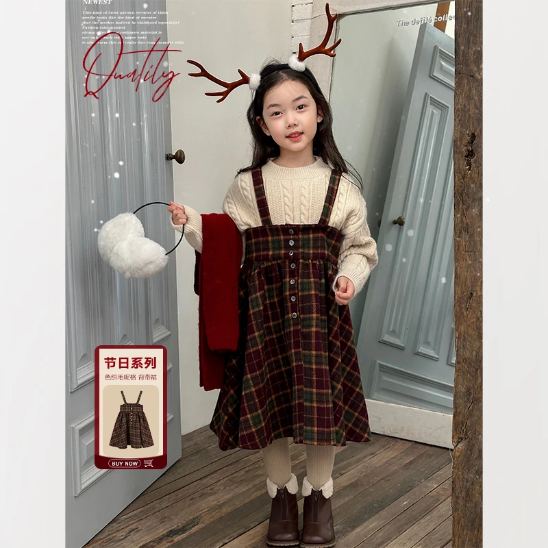 SKH2333中大童韩版格子背带裙冬装新款女童休闲复古半身裙潮