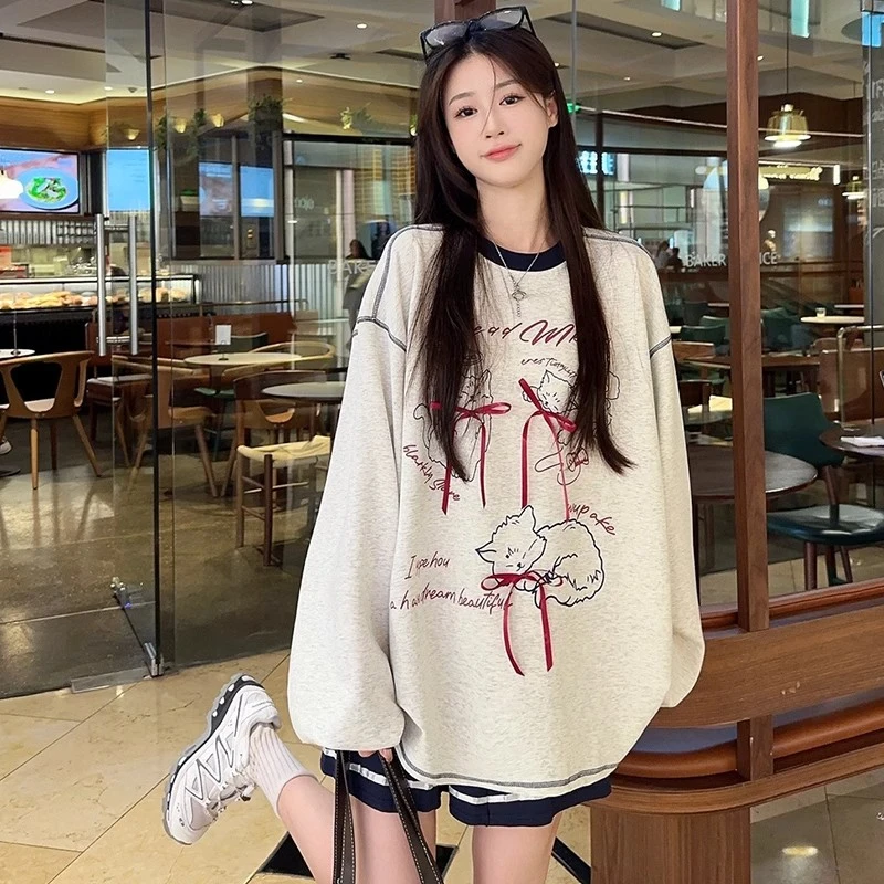 灰撞色卡通印花蝴蝶结圆领长袖卫衣女秋季新款休闲宽松慵懒风上衣