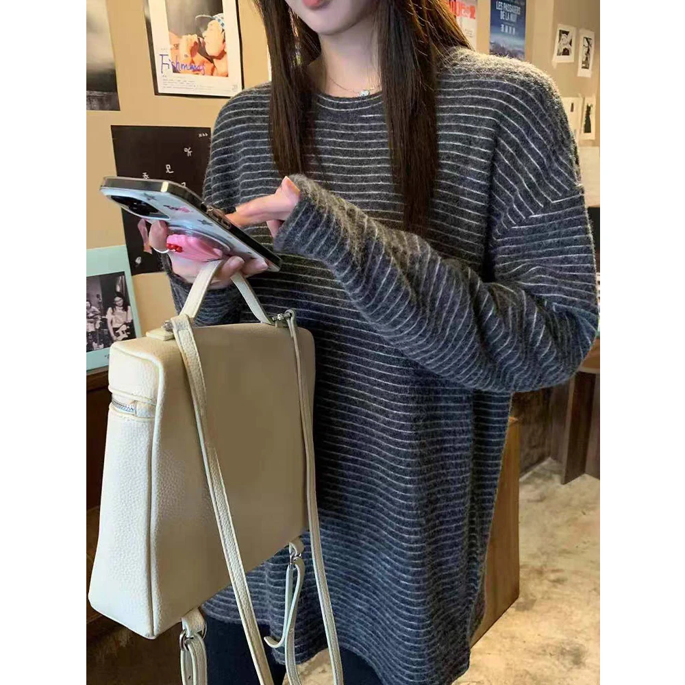 欧货撞色条纹长袖t恤女秋冬宽松软糯加厚磨毛内搭打底衫上衣百搭