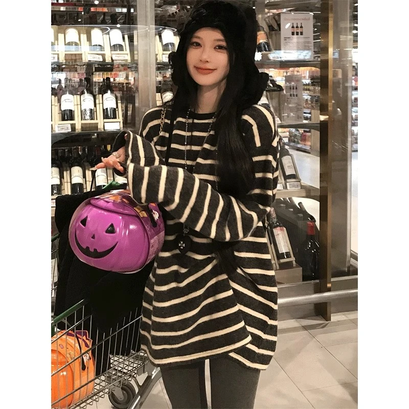 中长款德绒卫衣打底衫女秋冬2025新款慵懒风宽松条纹长袖t恤上衣