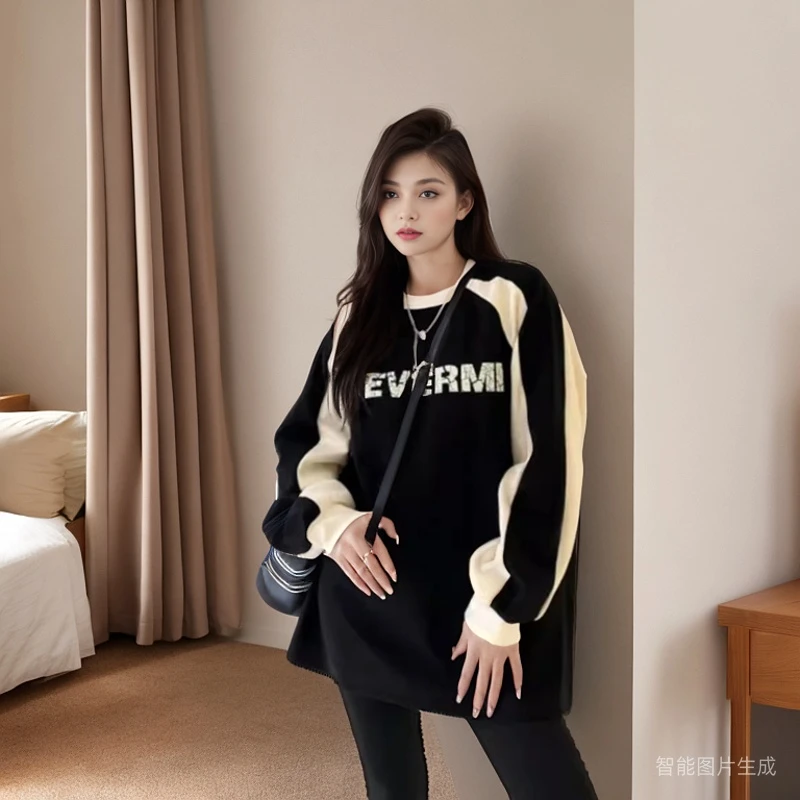 欧美高街复古无帽卫衣女春秋宽松韩版插肩袖中长款加绒长袖外套潮