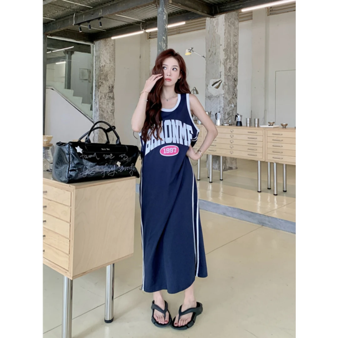 藏青色无袖T恤连衣裙女夏季外穿度假宽松长款过膝少女背心长裙子