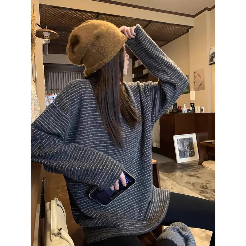 撞色条纹宽松慵懒风打底衫女秋冬长袖磨毛休闲卫衣内搭遮屁股上衣