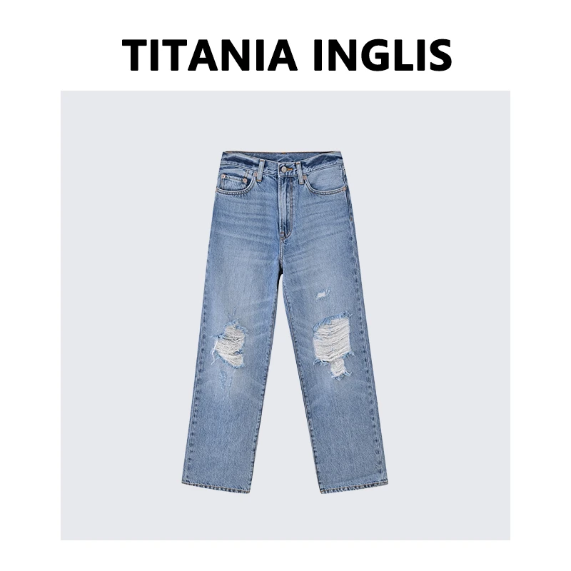 TITANIA INGLIS 高腰破洞阔腿牛仔裤女宽松直筒裤长裤 D23-5020