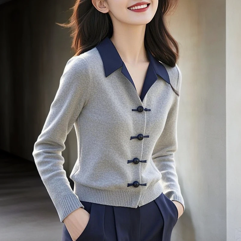 中式中国风灰色拼接Polo领针织开衫女上衣秋冬新款小个子洋气小衫