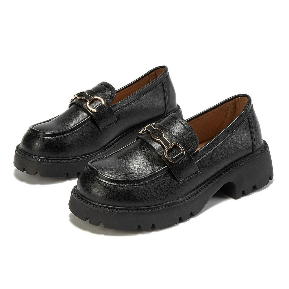 英伦风圆头厚底乐福鞋舒适时尚休闲百搭黑色真皮2305-6