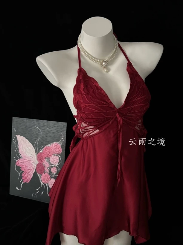 法式睡衣慵懒露背挂脖睡裙红色性感