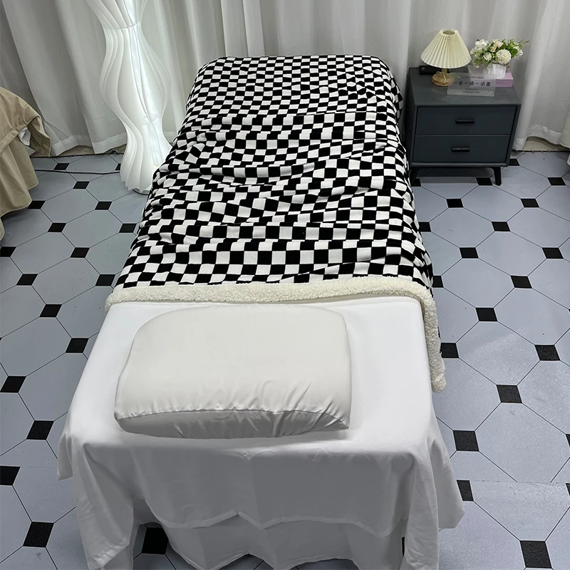美容毯子棋盘格简约格子轻奢黑白美容院盖毯毛毯午睡毯沙发空调毯