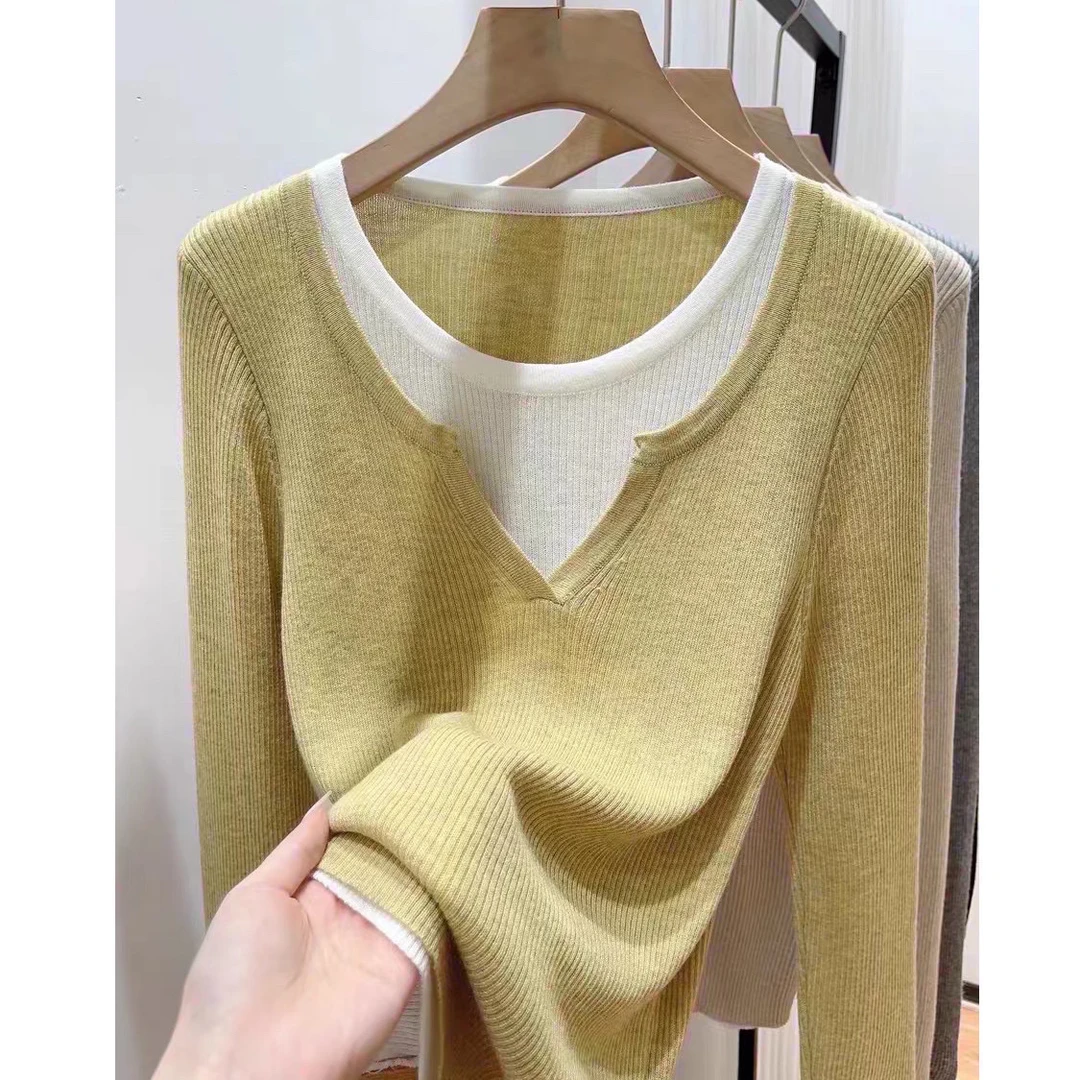 假两件内搭打底衫针织衫毛衣女2025春款新款时尚洋气撞色宽松上衣