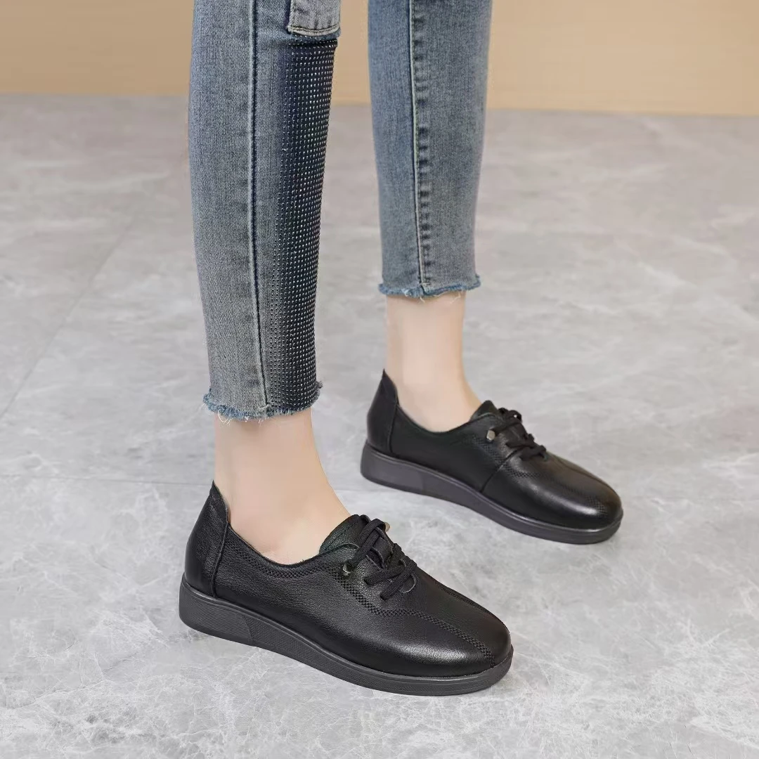 秋季新款复古牛皮软底时尚妈妈鞋