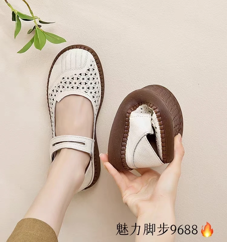 2024夏款平底牛筋底洞洞女鞋软底软面魔术贴单鞋复古真皮
