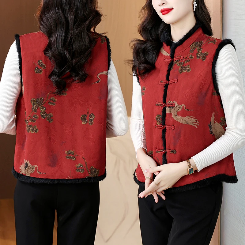 882024秋冬保暖无袖马甲外套女夹棉复古中式国风盘扣印花外套