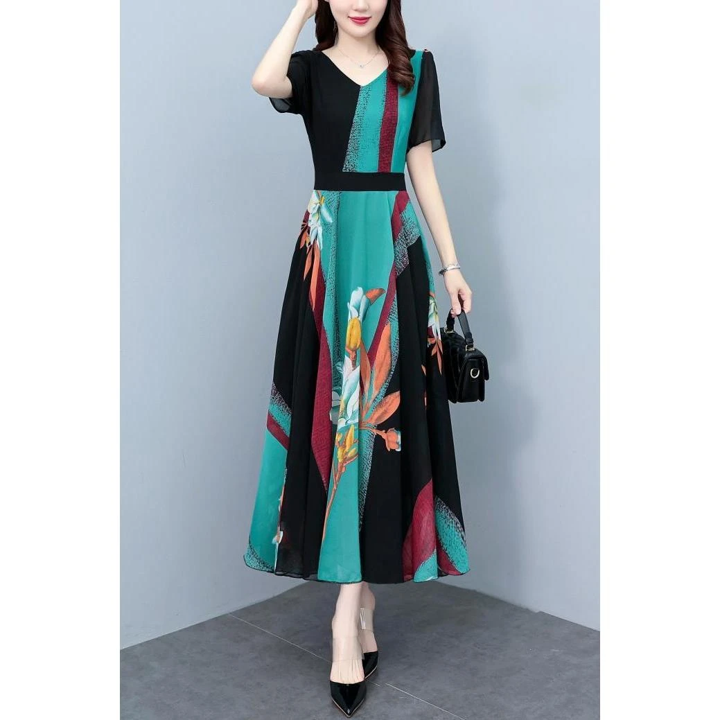 88夏季新款高档碎花雪纺连衣裙长款大码胖mm收腰显瘦遮肚子长裙