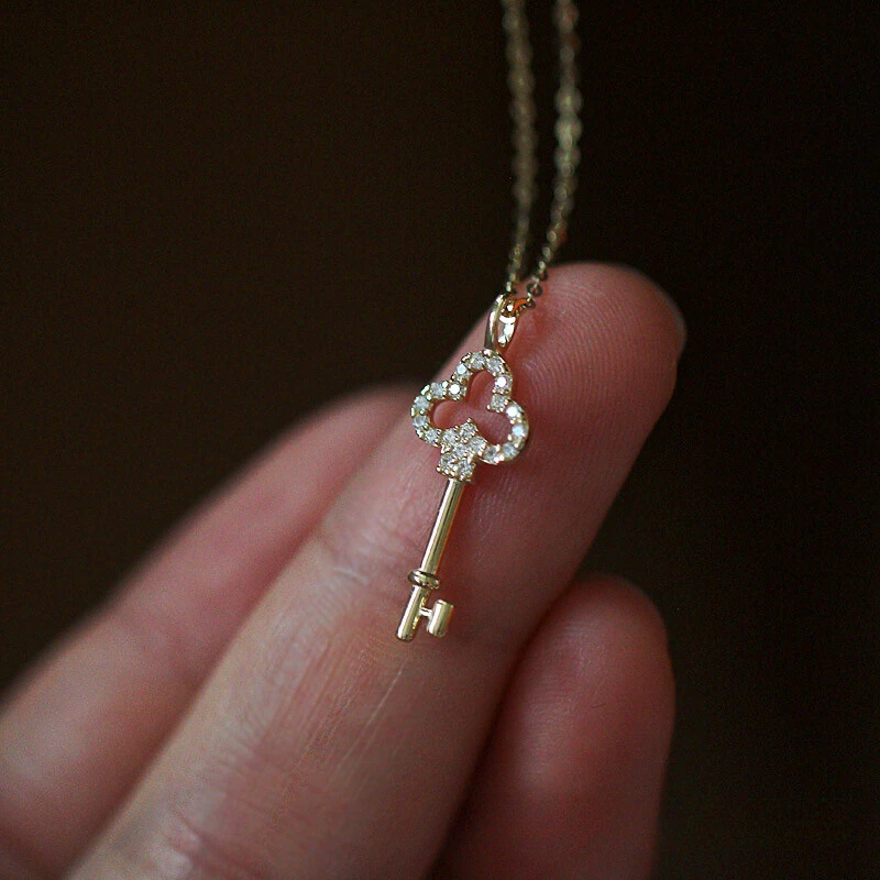 吊坠925银锆石 S925纯银镀14k金钥匙项链小众设计高级百搭锁骨链