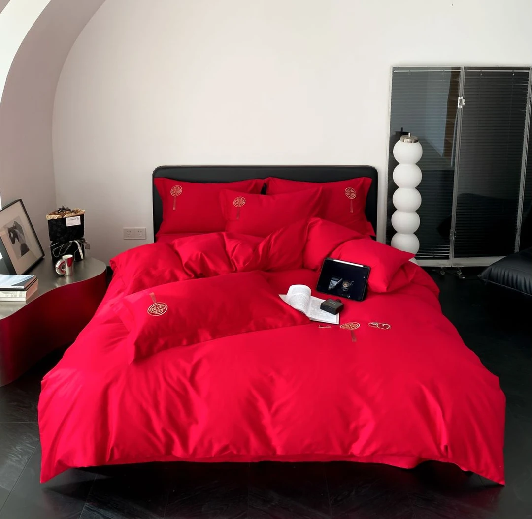 【XO】全棉100支长绒棉高档绣花结婚婚庆四件套-多子多福