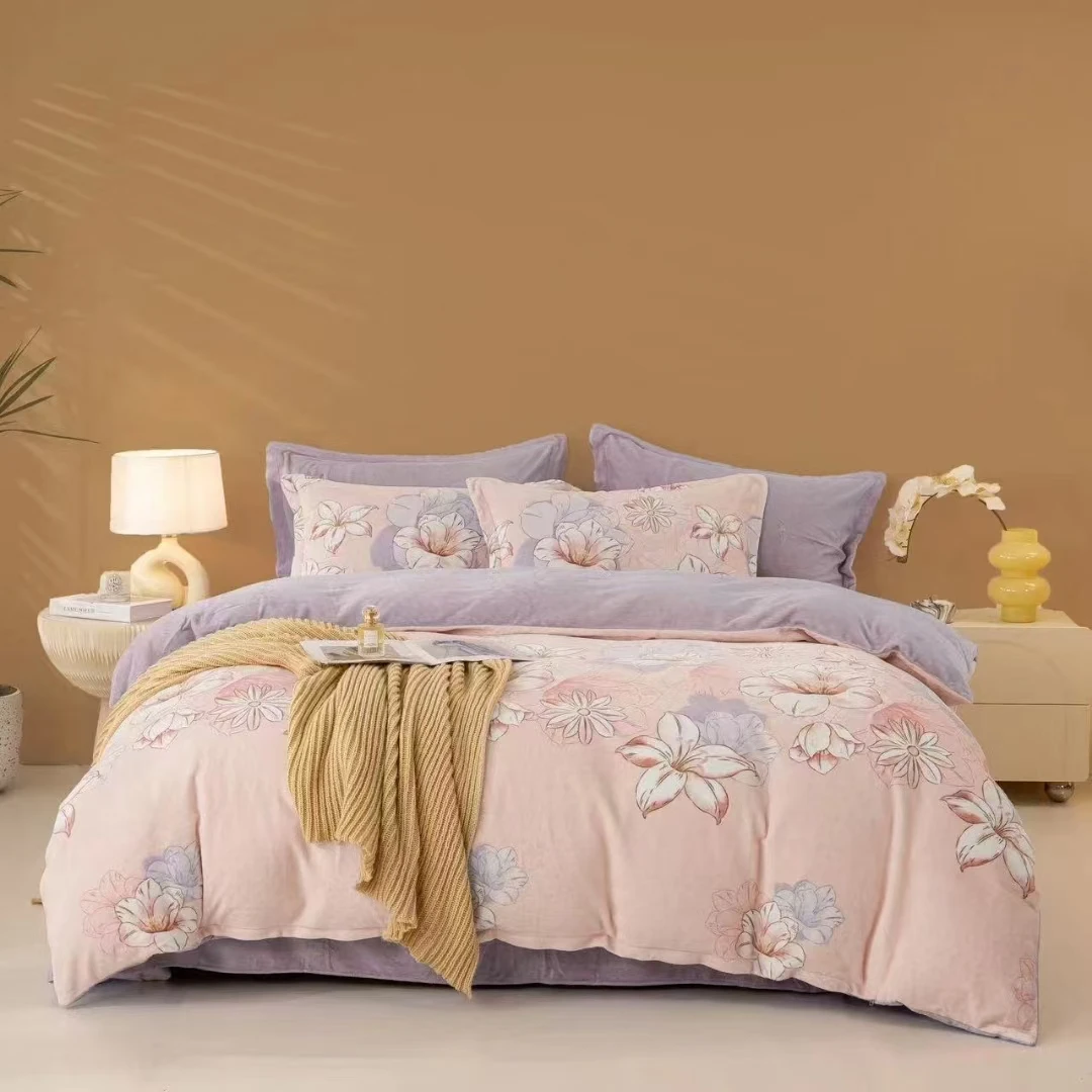 【铭哥家】亲肤柔软加绒加厚防静电印花牛奶绒套件-繁华樱雨