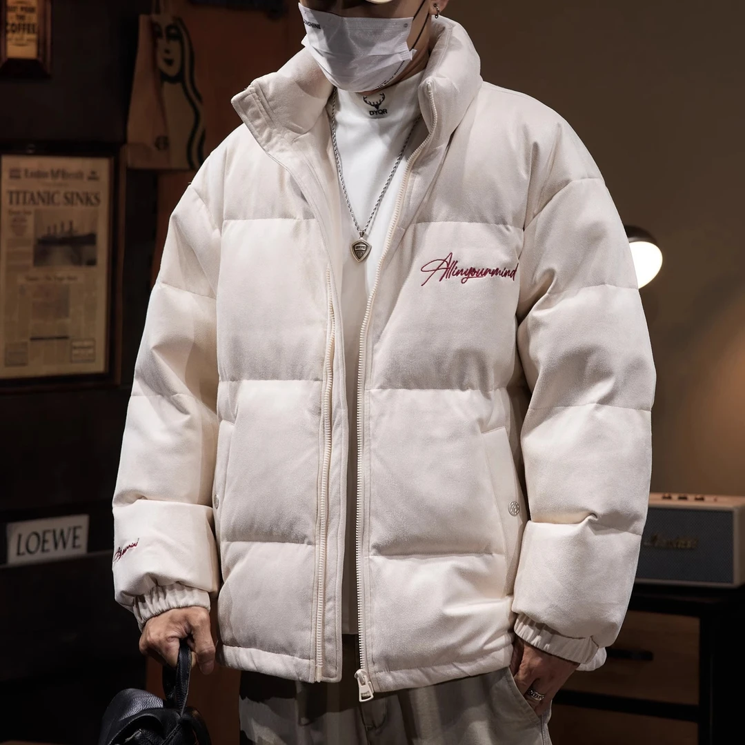 麂皮绒立领羽绒服男士冬季加厚保暖面包服男装潮牌刺绣情侣装外套