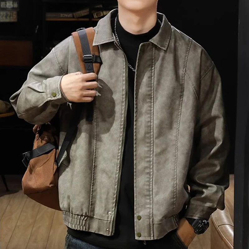 秋冬高级感美式复古痞帅PU皮衣外套男大码春秋防风机车飞行夹克潮