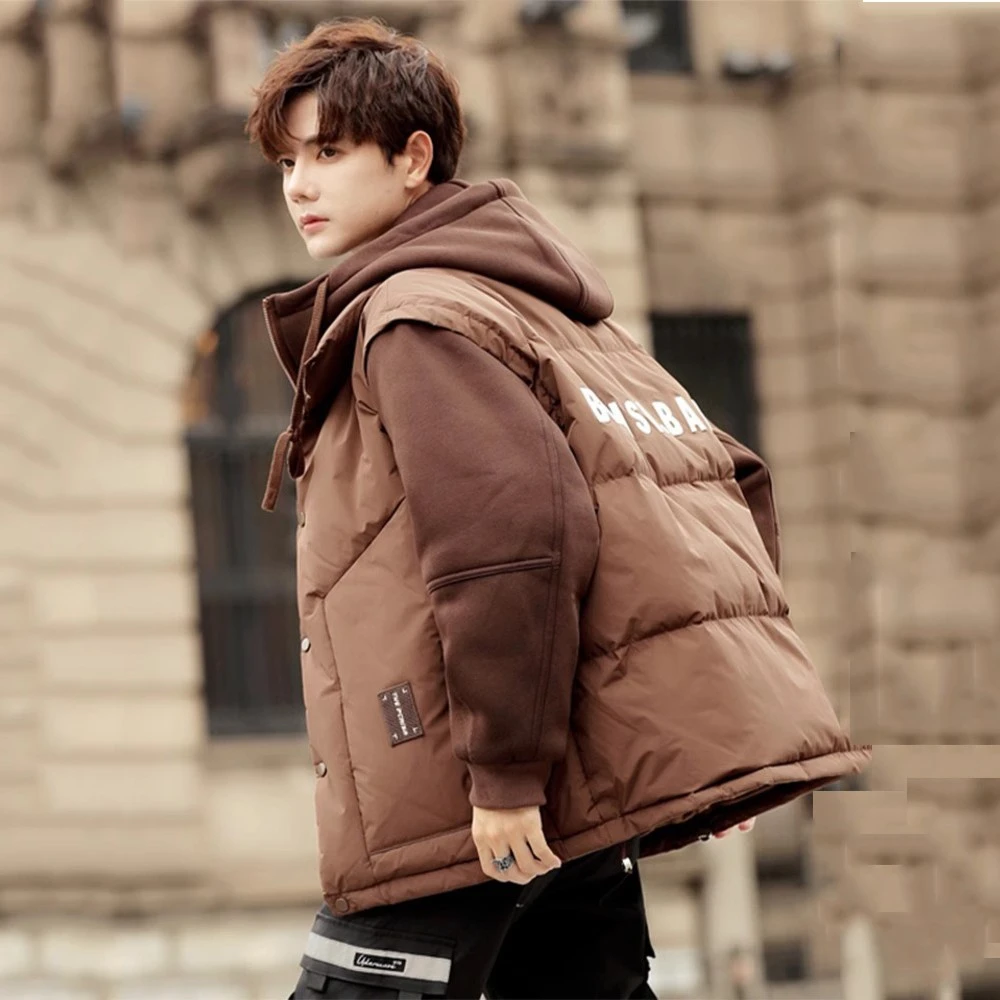 卫衣拼接假两件羽绒服男冬季2025年新款爆款连帽加厚外套男士冬装