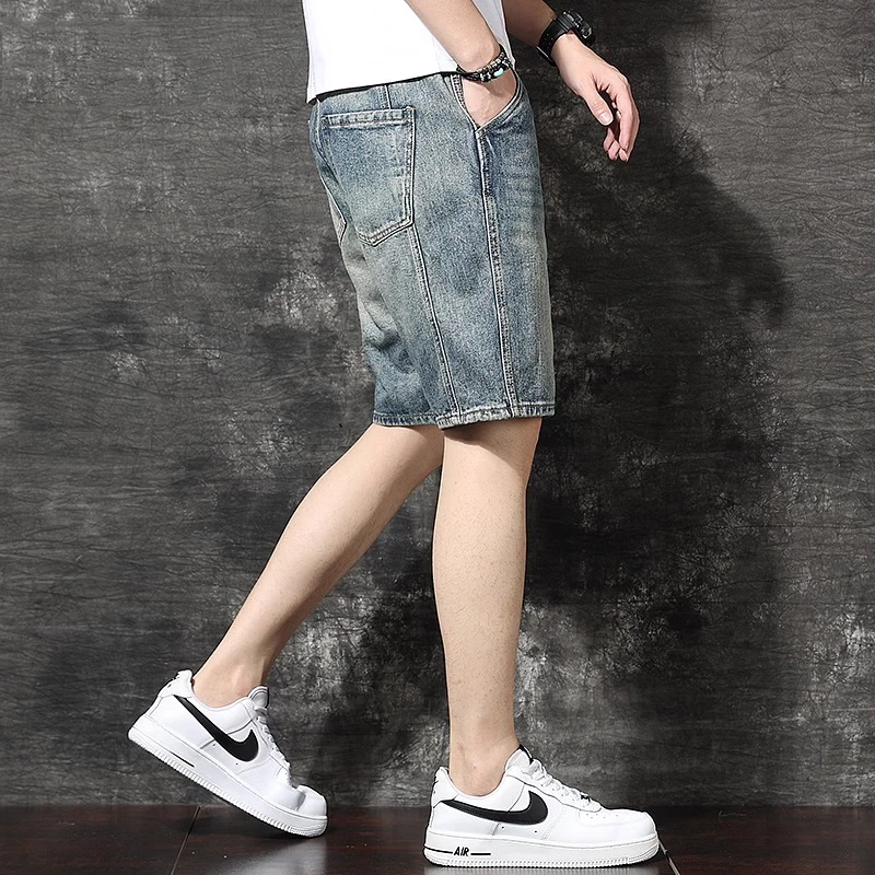 复古水洗磨白牛仔短裤男士夏季潮流港风宽松直筒休闲百搭五分马裤