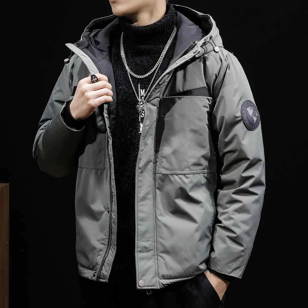 白鸭绒冬季连帽短款羽绒服男2025年新款宽松潮牌大码加厚工装外套