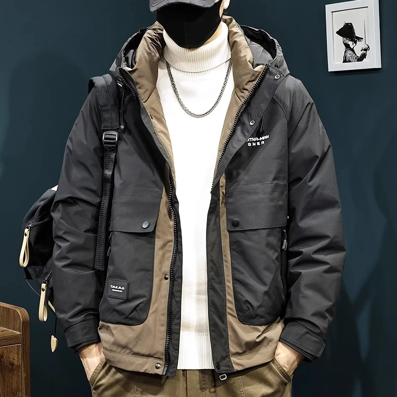 冬季高端90鸭绒羽绒服男士连帽潮牌拼接2024新款秋冬加厚工装外套