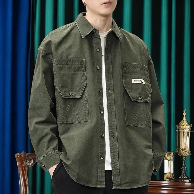 男士军绿色工装衬衫男长袖高级感潮牌2025年新款牛仔衬衣外套春秋
