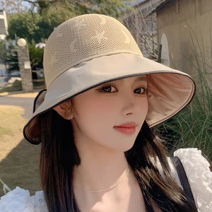 【春夏新款】2024户外蝴蝶结显脸小渔夫帽黑胶防晒帽遮脸太阳帽