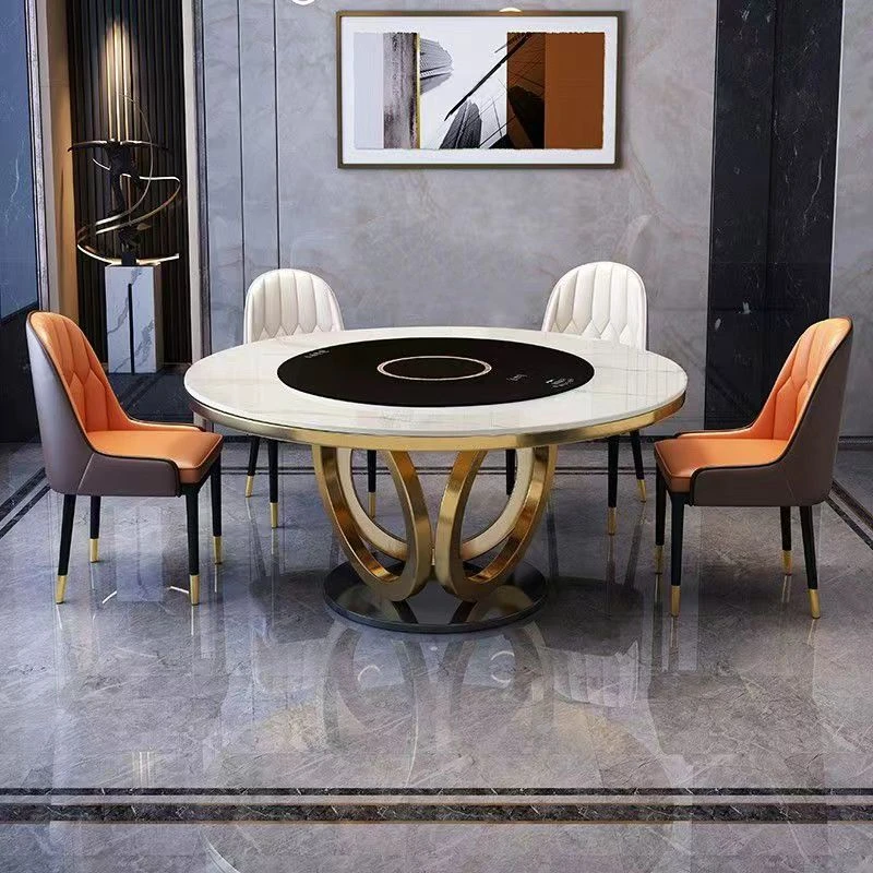 意式轻奢餐桌椅组合多功能家用圆形餐桌内嵌转盘电磁炉饭桌