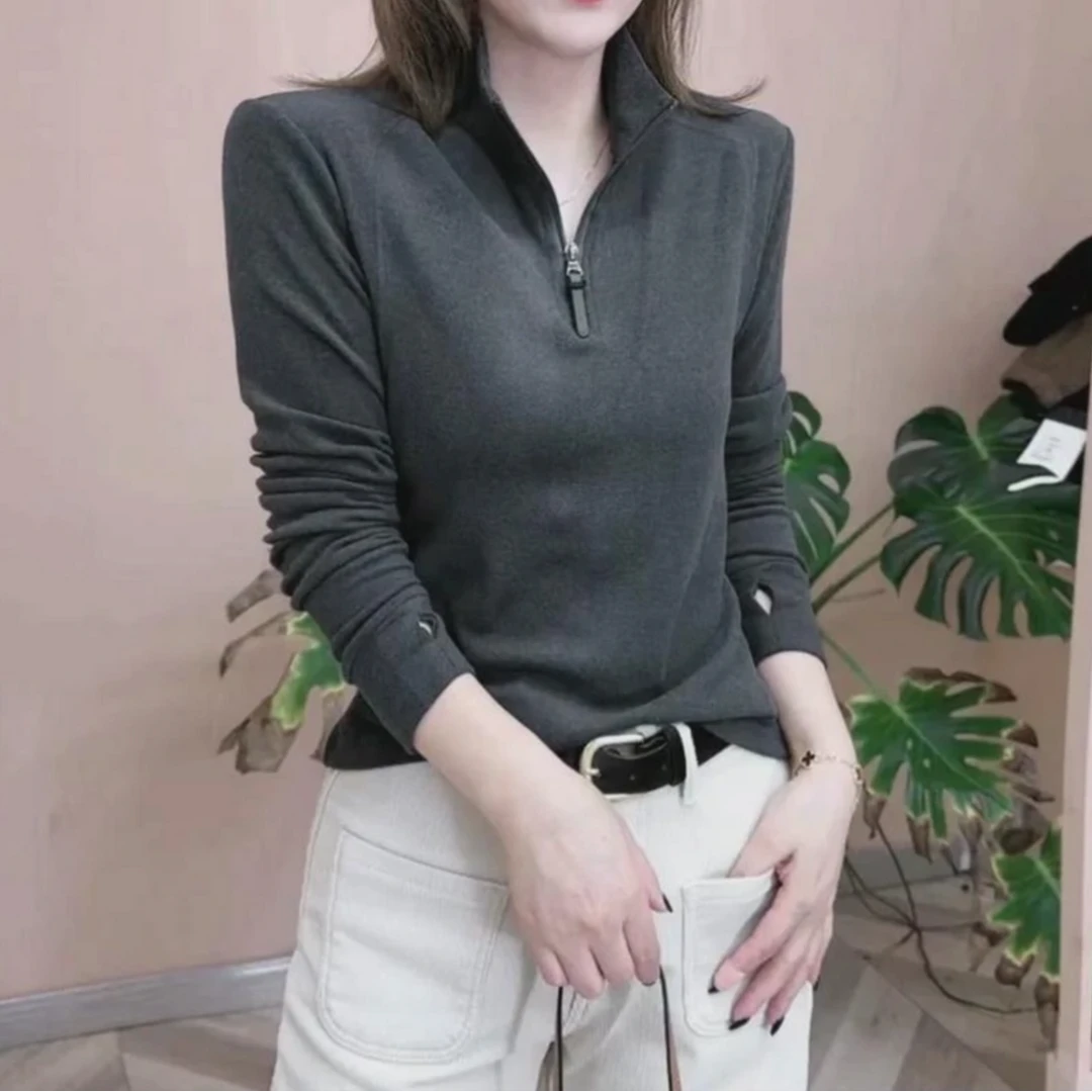 新妈妈装纯色加绒休闲卫衣女时尚打底衫一体绒上衣T恤女