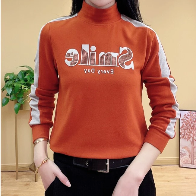 冬季新气质百搭款双面绒加厚保暖印花字母宽松打底衫卫衣妈妈加绒