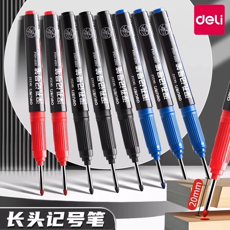 得力记号笔防水防油不掉色黑色工地专用油性长头速干瓷砖木工细头