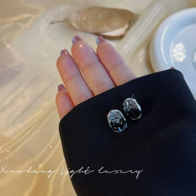 铜合金仿水晶耳饰 【黑曜】925银针耳钉气质高级感耳饰黑色水晶简约