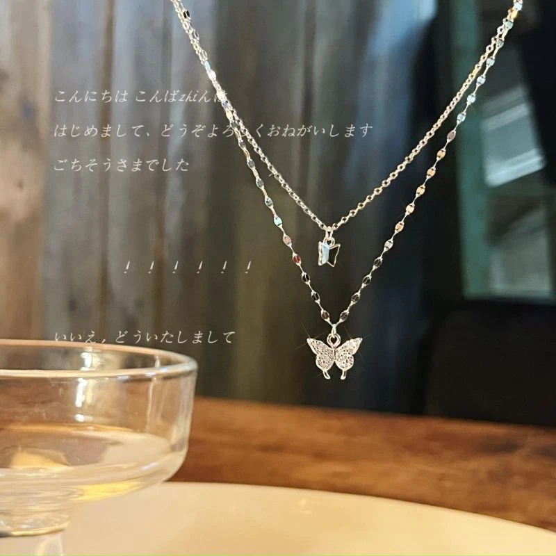 链子925银 【仲夏】S925纯银项链百搭叠戴双层蝴蝶锁骨链精致气质