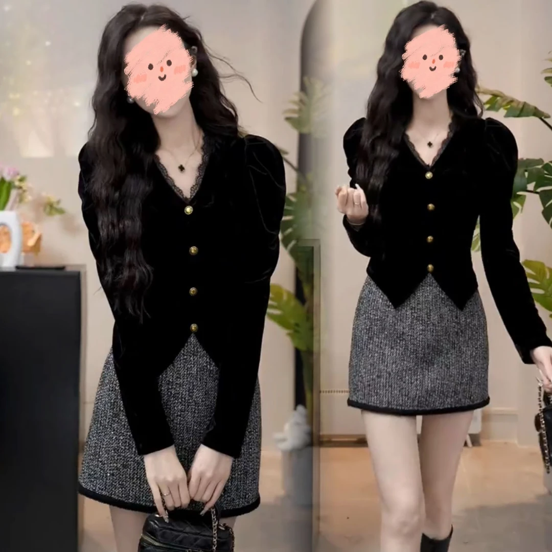 2024秋冬新款法式气质小香风蕾丝花边丝绒衬衫洋气百搭显瘦A字裙