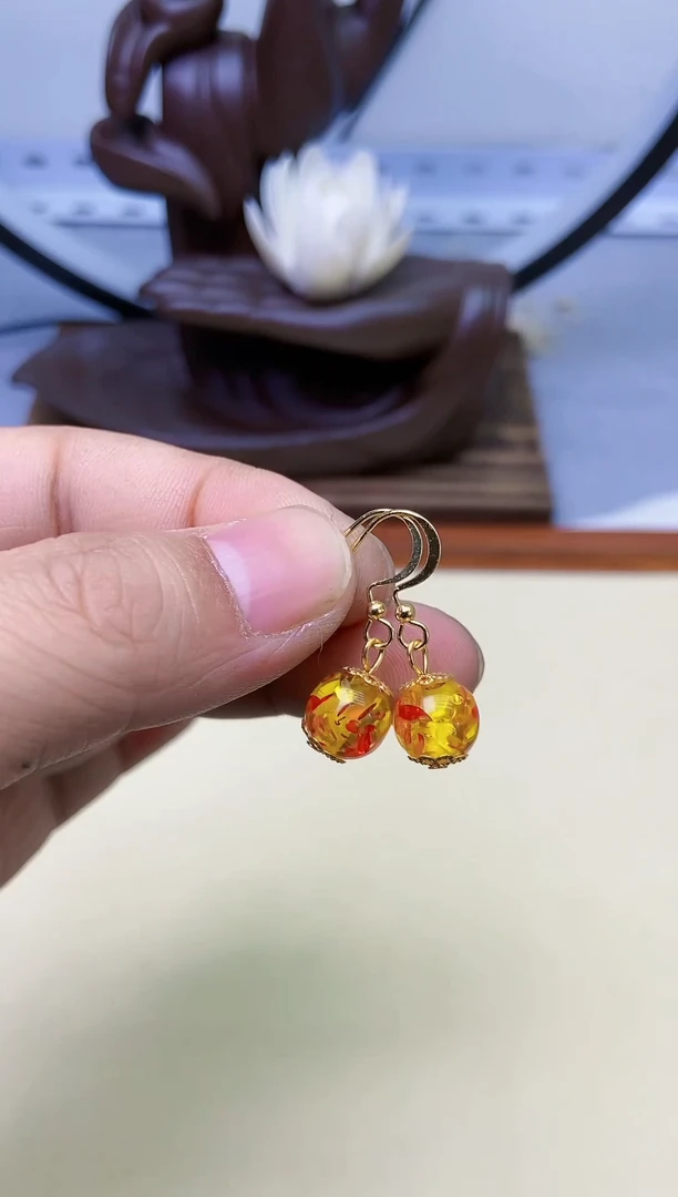 【闪购商品】琥珀（花珀）耳饰银S925镀金镶嵌20
