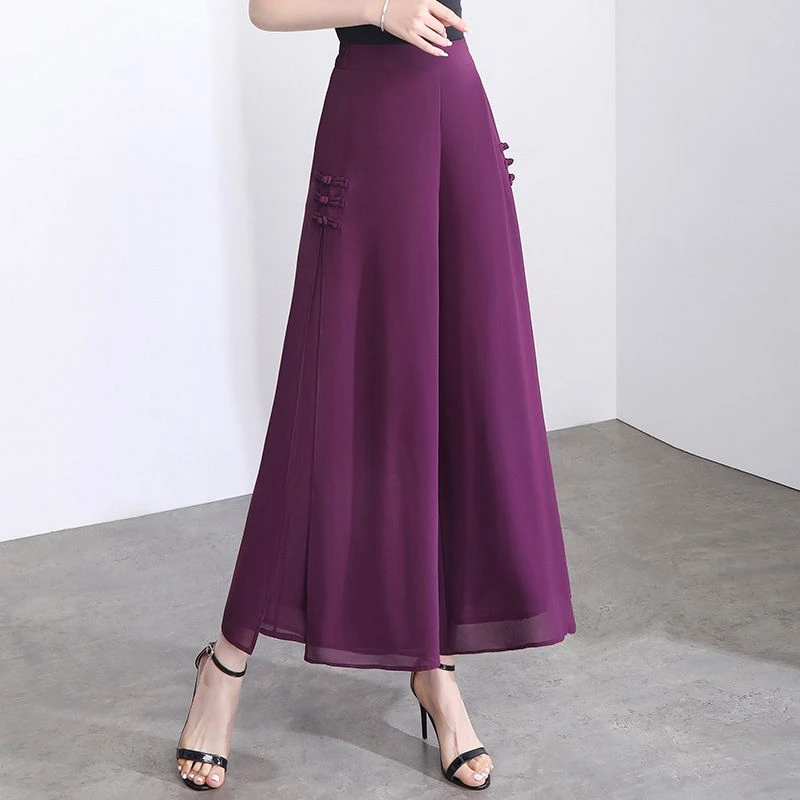 2023夏季新款开叉九分裤子薄款阔腿裤女宽松显瘦垂感雪纺裙裤