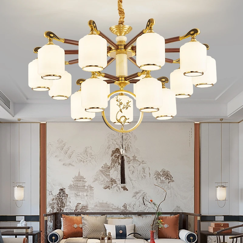 广东中山灯具新中式吊灯玉石中柱灯头朝下复式别墅大吊灯客厅灯饰