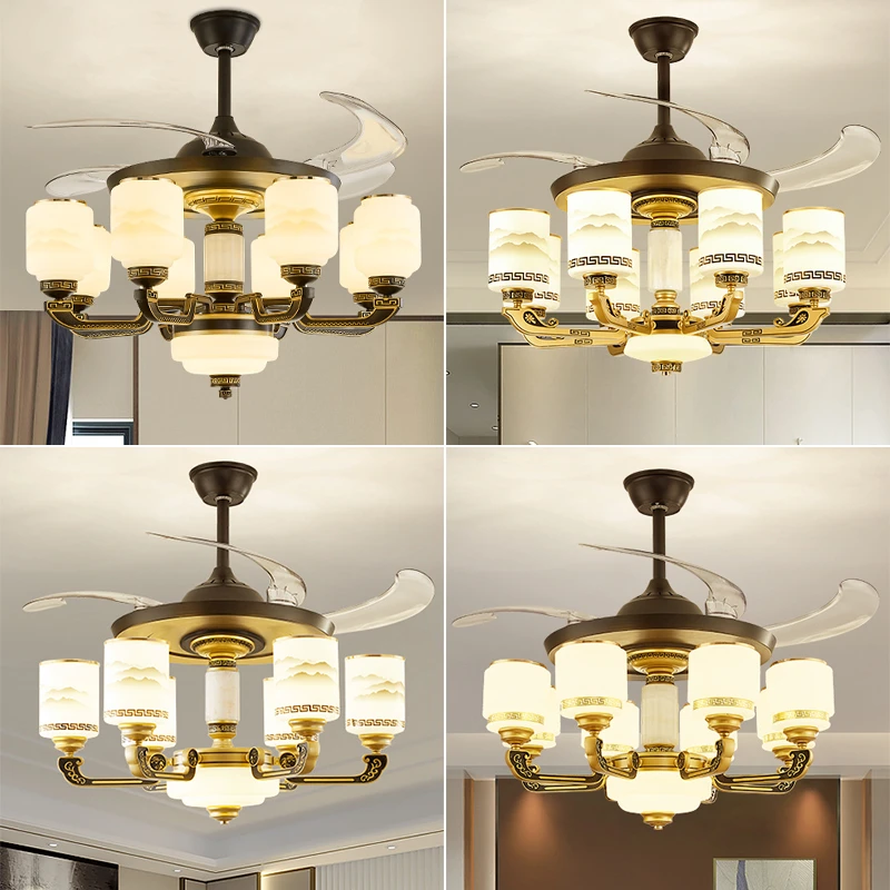 广东中山灯具新中式复式别墅隐形风扇吊灯一体家用客厅餐厅卧室灯