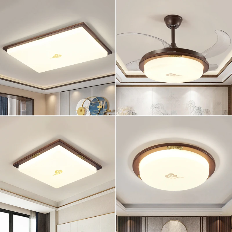 全铜胡桃木新中式客厅吸顶灯餐厅茶室卧室吸顶灯隐形风扇灯吊灯